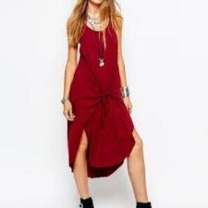 Free People Red Tie Front Jersey Midi Tank Shirt Dress